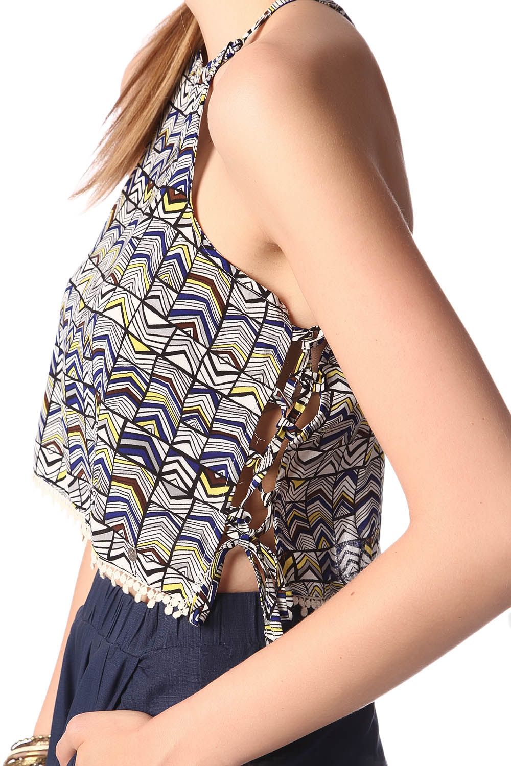 Blue printed crop top with lace up side detail Q2store