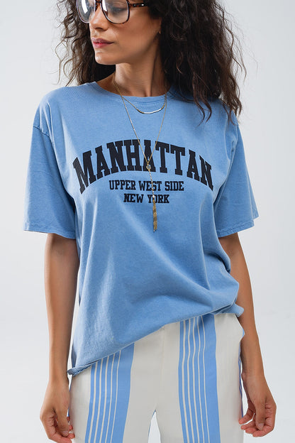 Blue relaxed T-shirt with manhattan text Q2store