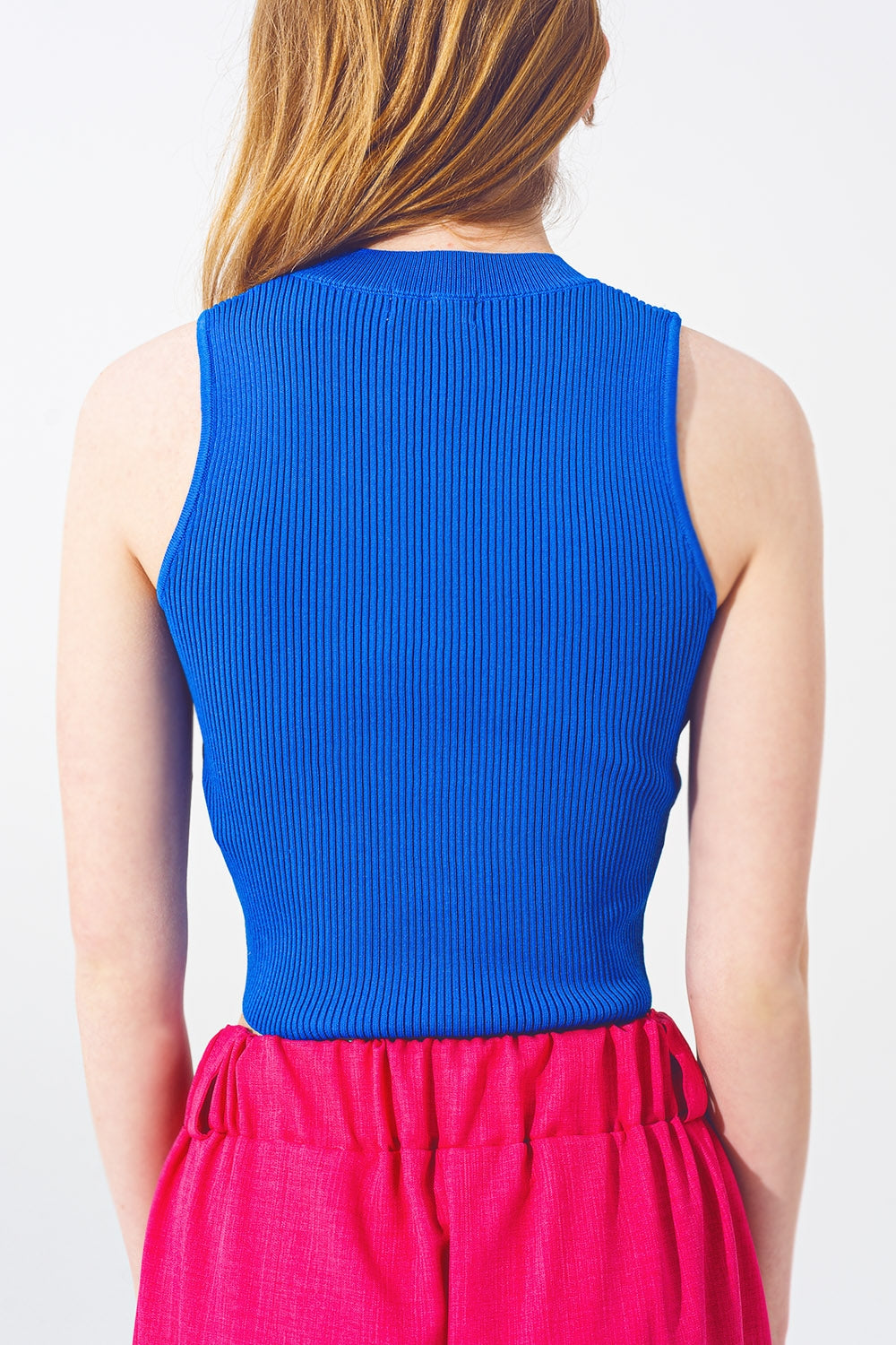 Blue Sleeveless Cropped Thin Sweater Q2store
