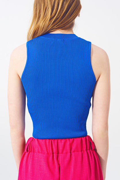 Blue Sleeveless Cropped Thin Sweater Q2store