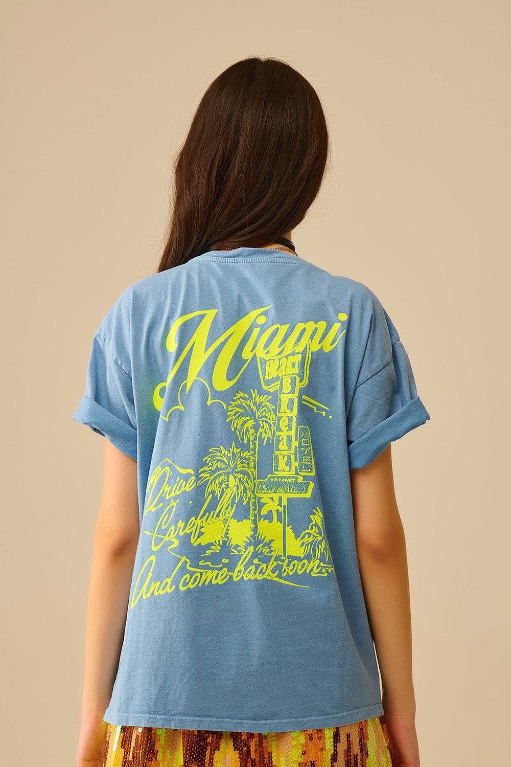 blue T-shirt with Miami logo print in yellow Q2store