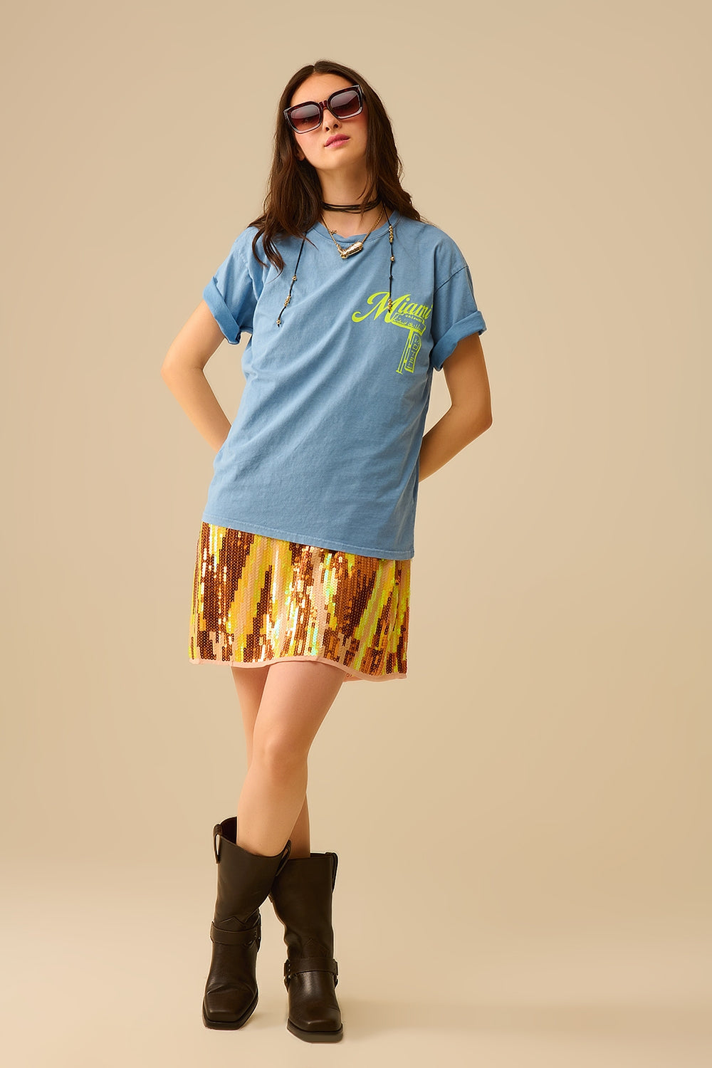 blue T-shirt with Miami logo print in yellow Q2store