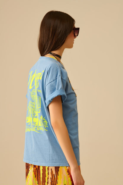 blue T-shirt with Miami logo print in yellow Q2store