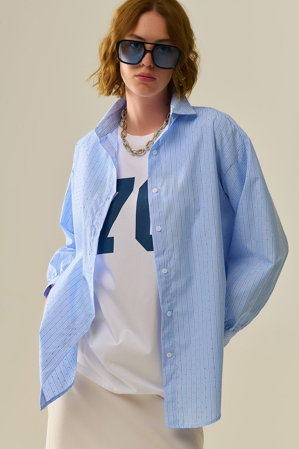 blue striped poplin shirt embellished with strass Q2store
