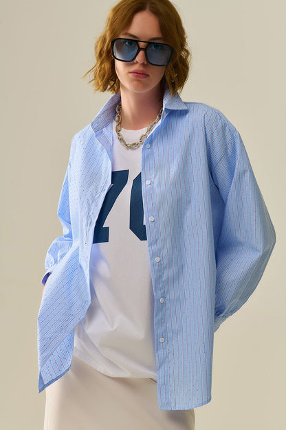 blue striped poplin shirt embellished with strass Q2store