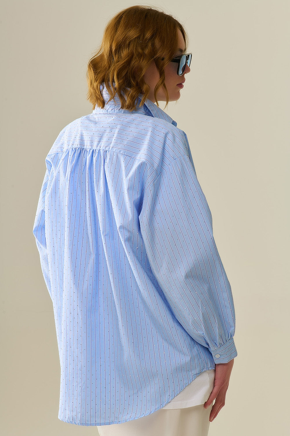 blue striped poplin shirt embellished with strass Q2store