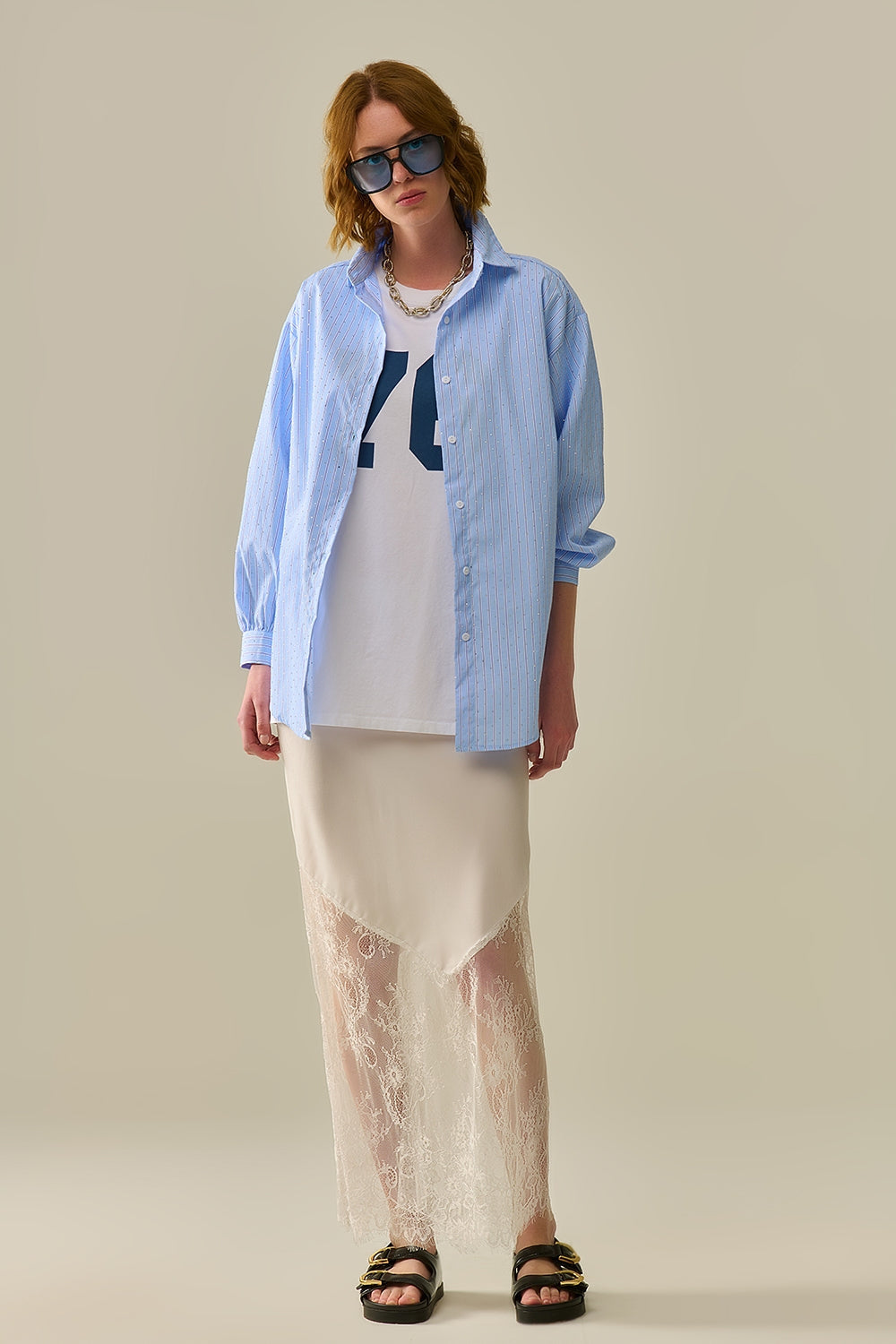 blue striped poplin shirt embellished with strass Q2store