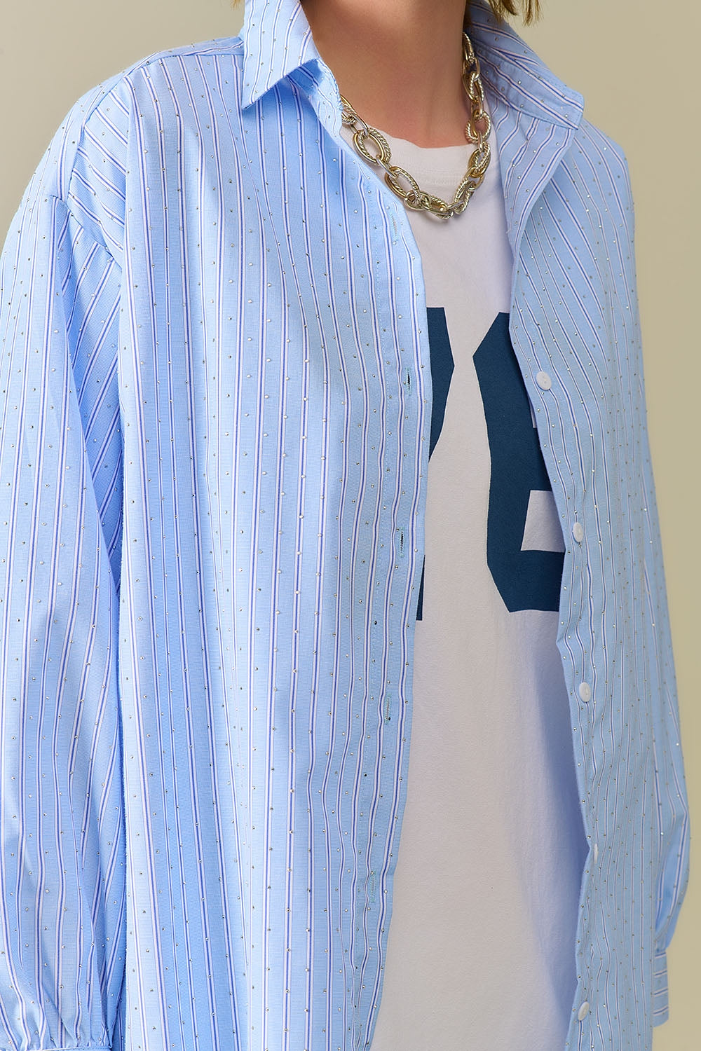 blue striped poplin shirt embellished with strass Q2store