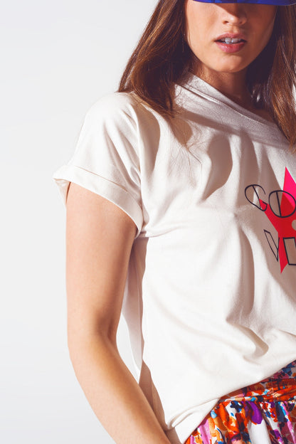 Boat Neack T-shirt With Good Vibe Text in White and Pink Q2store
