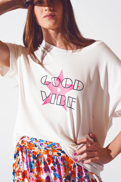 Boat Neack T-shirt With Good Vibe Text in White and Pink Q2store