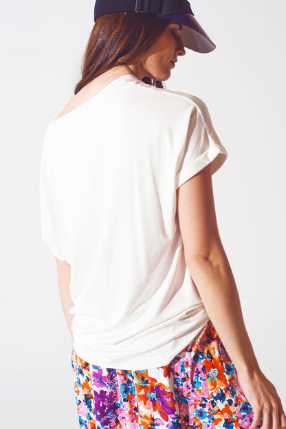 Boat Neack T-shirt With Good Vibe Text in White and Pink Q2store