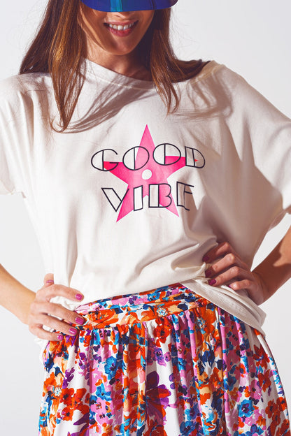 Boat Neack T-shirt With Good Vibe Text in White and Pink Q2store