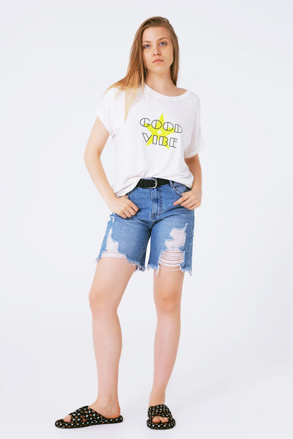 Boat neckline Relaxed fit T-shirt fluor good vibe logo Q2store