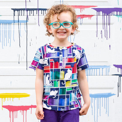 "Check Meowt" Rainbow Books & Cats Henley Short Sleeve Tee Princess Awesome & Boy Wonder