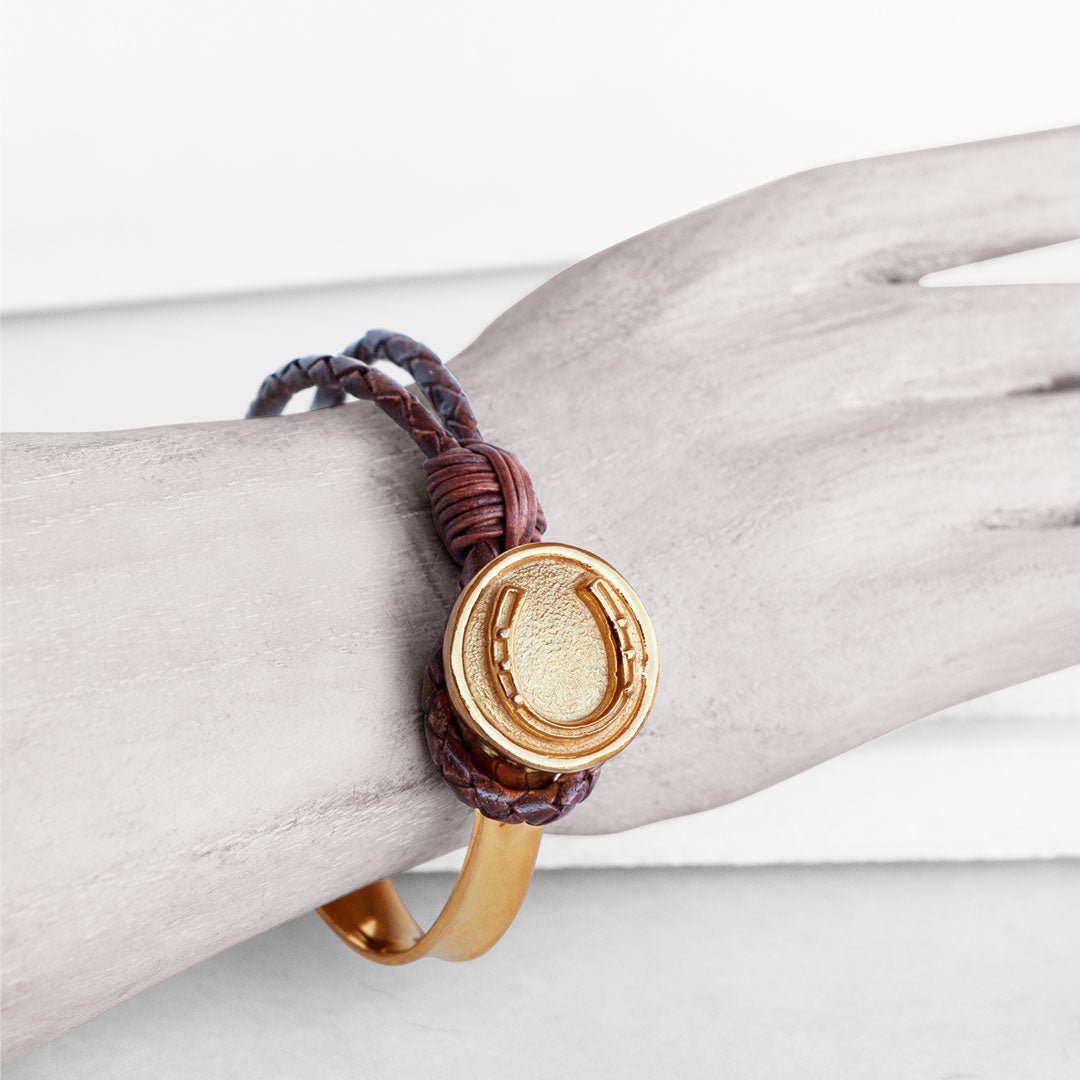 Bosal - Leather laced Horseshoe Bracelet in Brown and Gold Urban-Equestrian