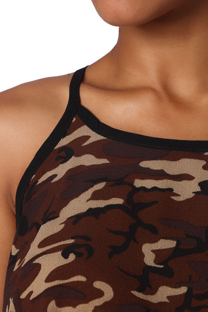 Brown camo print dip hem top Q2store