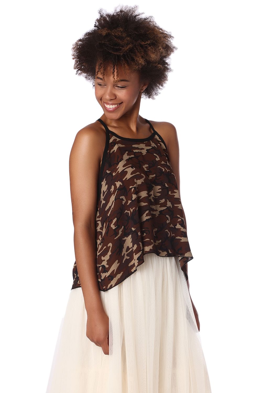 Brown camo print dip hem top Q2store