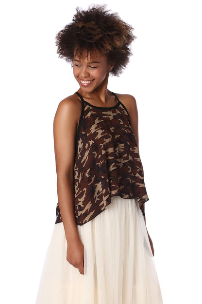 Brown camo print dip hem top Q2store