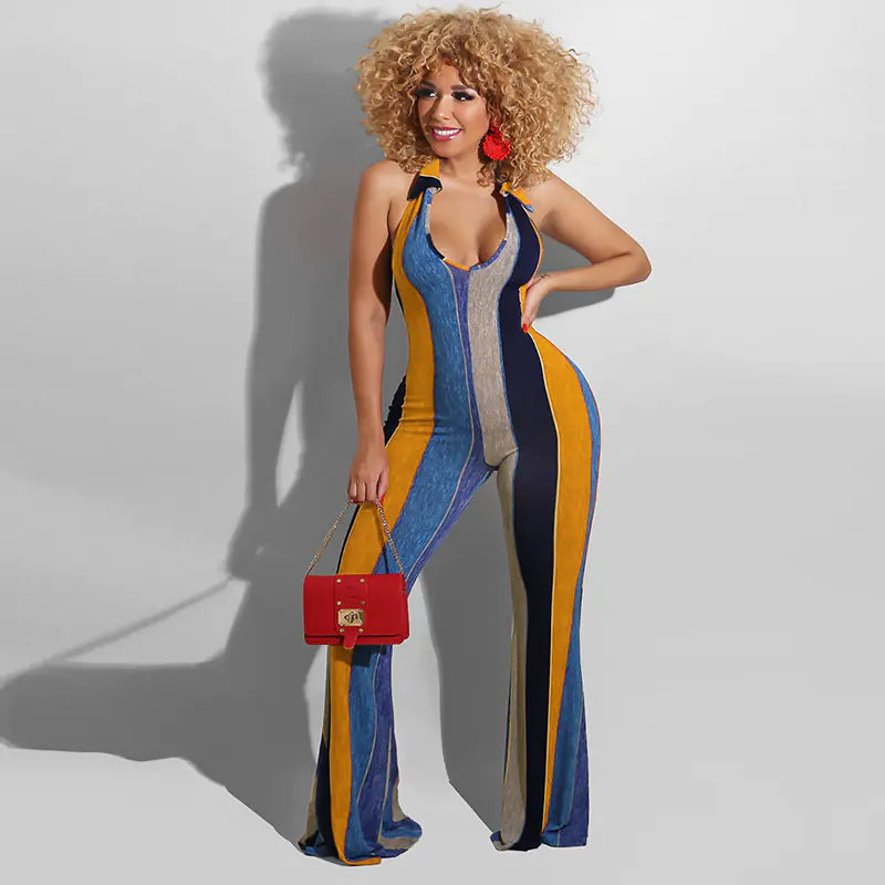 Striped Halter Jumpsuit with Horns for a Bold Look