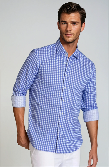 Mauro Long Sleeve Check Tech Shirt - Royal Blue Buki