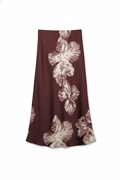 Burgundy Floral Satin Midi Skirt in satin Q2store