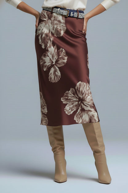 Burgundy Floral Satin Midi Skirt in satin Q2store