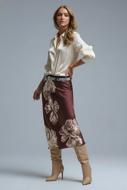 Burgundy Floral Satin Midi Skirt in satin Q2store