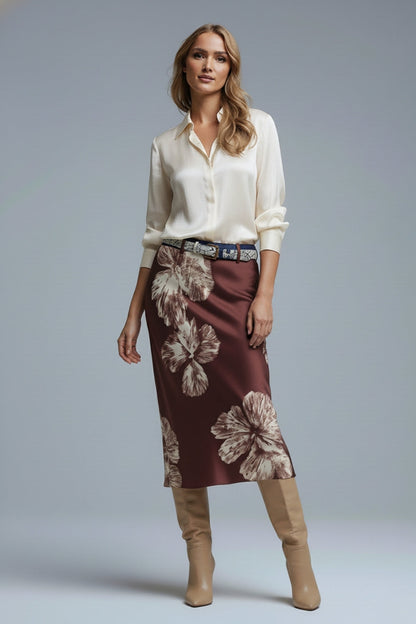 Burgundy Floral Satin Midi Skirt in satin Q2store