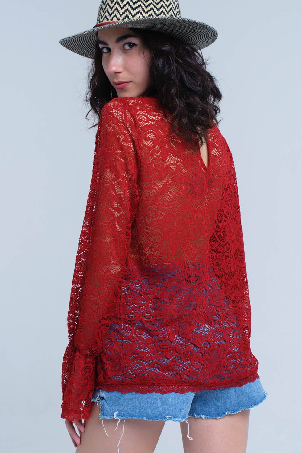 Burgundy sheer lace top with bell sleeves Q2store