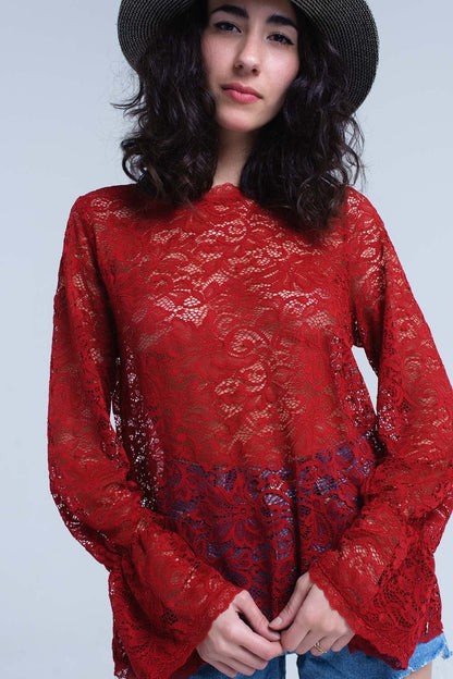 Burgundy sheer lace top with bell sleeves Q2store