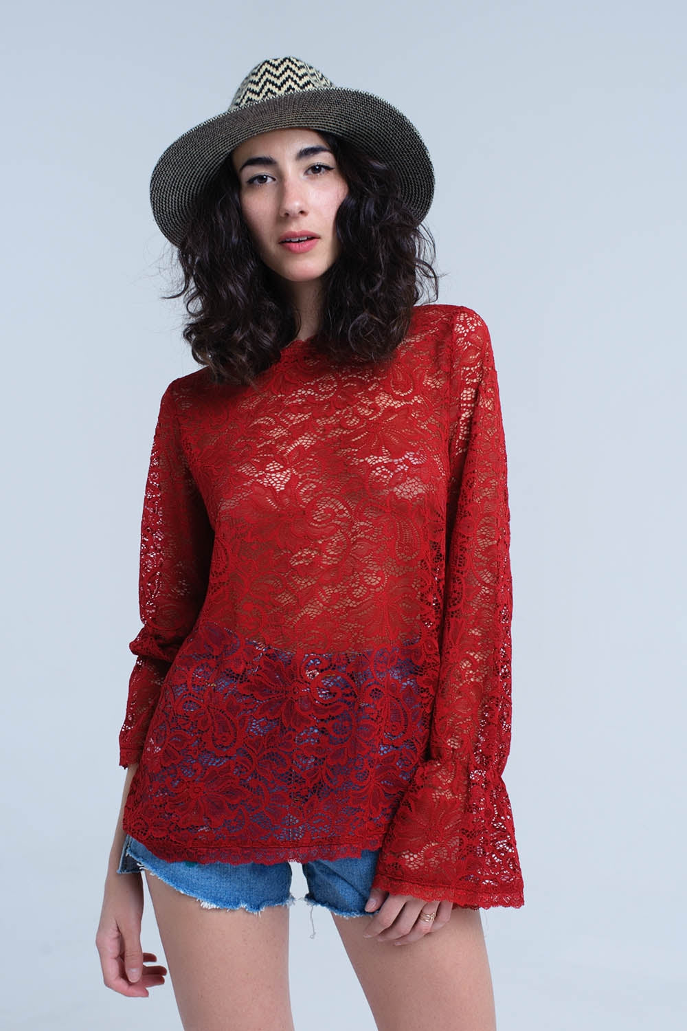 Burgundy sheer lace top with bell sleeves Q2store