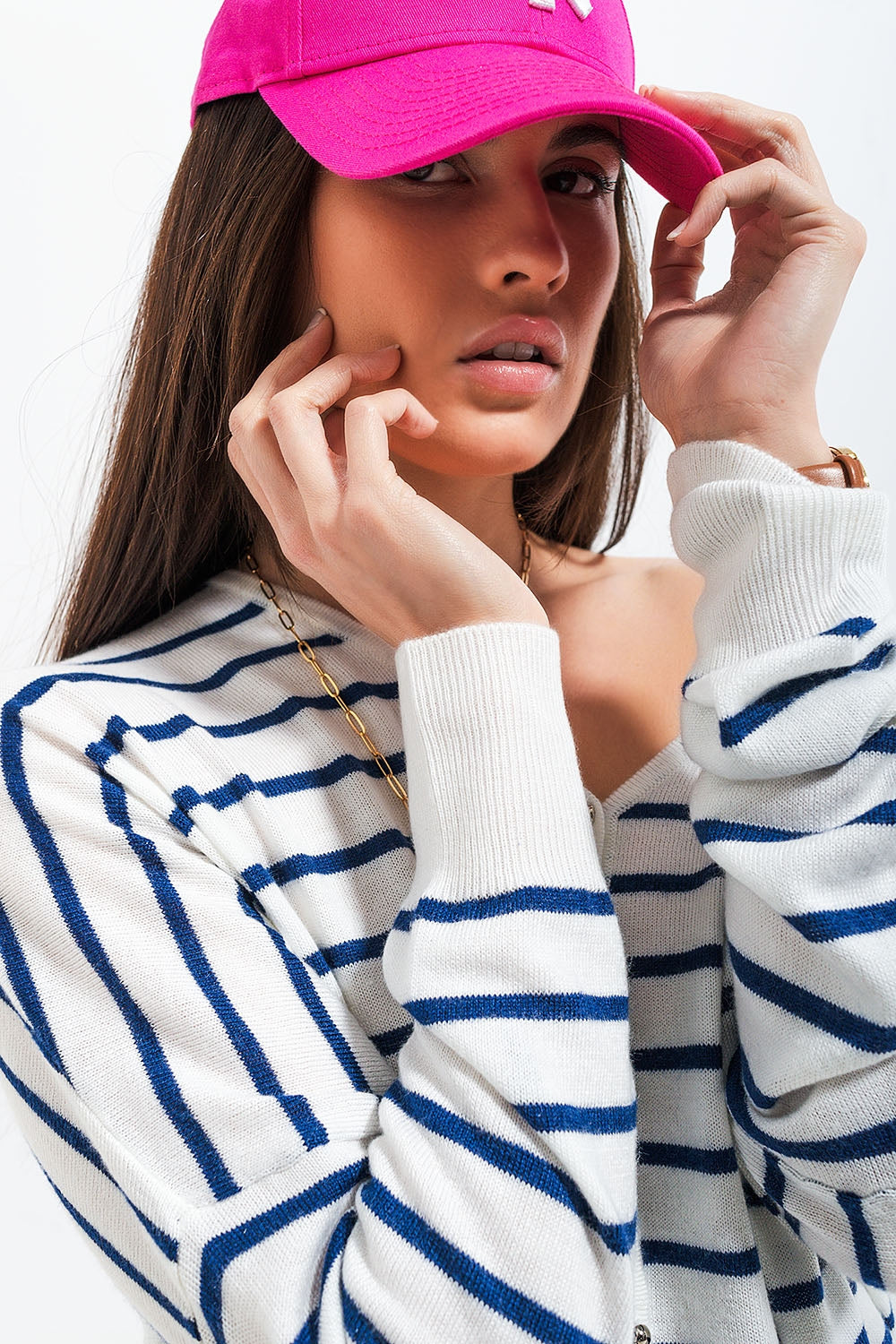 Button down cream cardigan top in stripe Q2store
