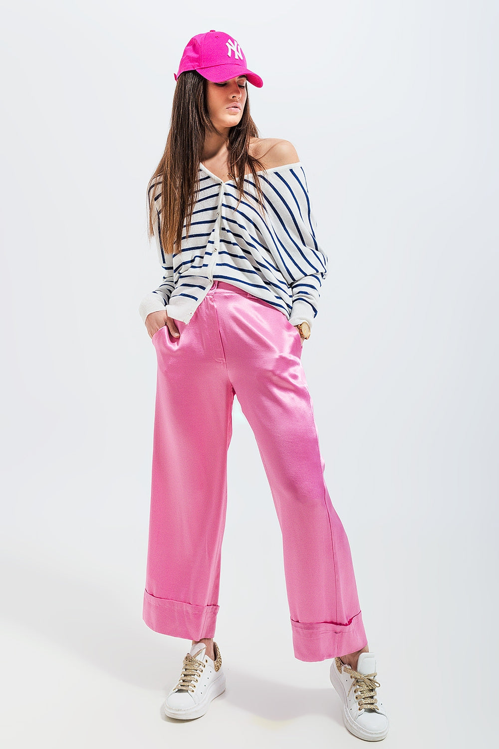 Button down cream cardigan top in stripe Q2store