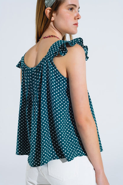 Button Up Blouse With Frilly Short Sleeves and Flower Print in Green Q2store