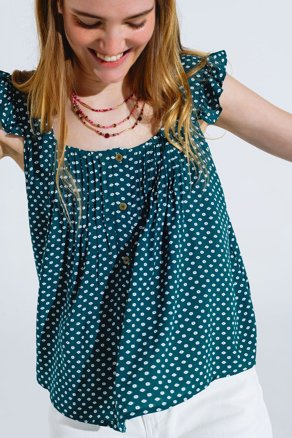 Button Up Blouse With Frilly Short Sleeves and Flower Print in Green Q2store