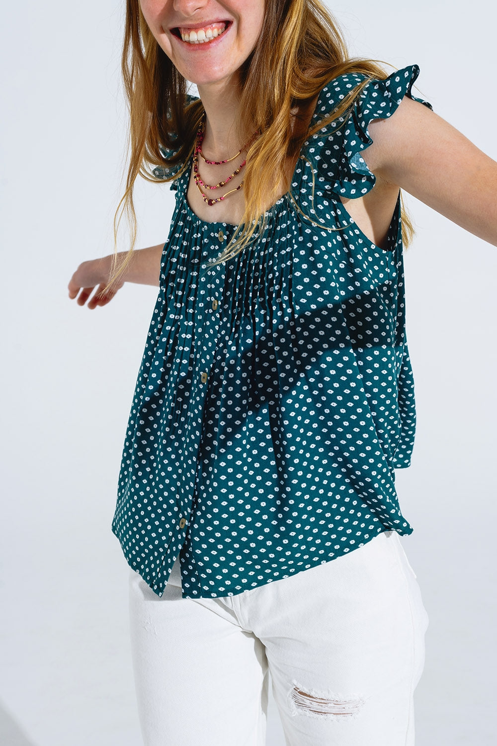 Button Up Blouse With Frilly Short Sleeves and Flower Print in Green Q2store