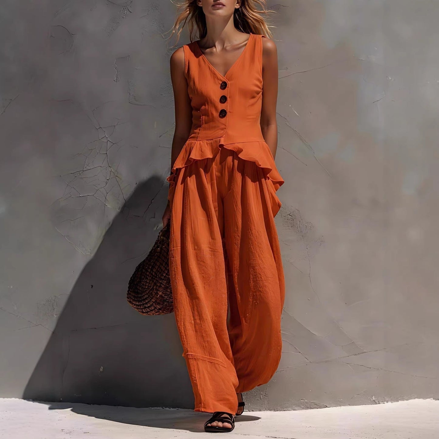Ruffled Tank Top & Draping Wide-Leg Pants Set – 6 Colors, S–3XL FitiqueFit