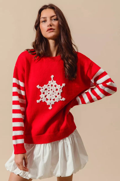 SO ME Christmas Snowflake Crochet Embellished Sweater West2East Surf