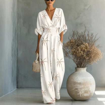 Women's Waist-Cinched V-Neck Printed Wide-Leg Jumpsuit FitiqueFit