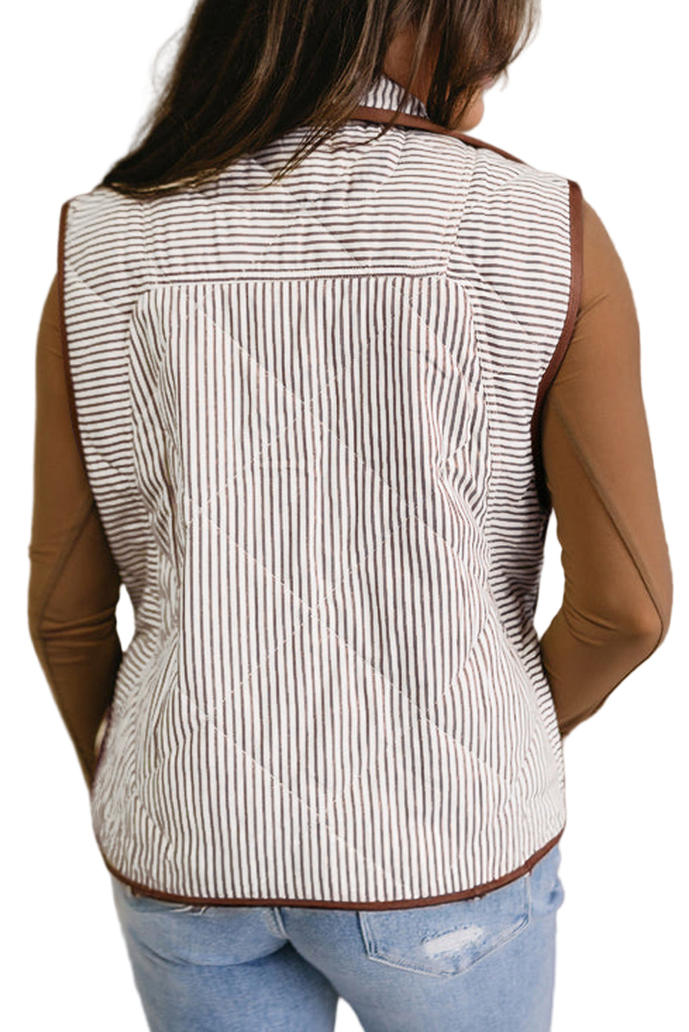 Brown Stripe Quilted Wavy Hem Snap Button Plus Size Vest Garden Naked Curves