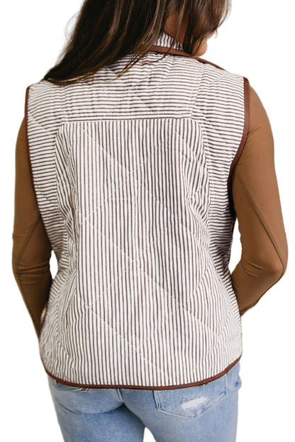 Brown Stripe Quilted Wavy Hem Snap Button Plus Size Vest Garden Naked Curves