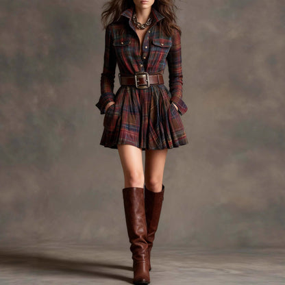 Women's Elegant Plaid Long Sleeve Mini Dress | Belted FitiqueFit