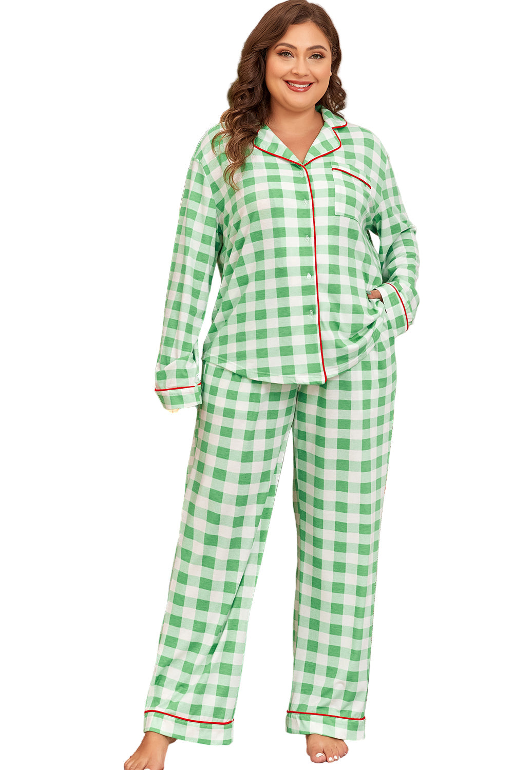 Green Plaid Print Contrast Trim Long Sleeve Plus Size Pajama Set Garden Naked Curves
