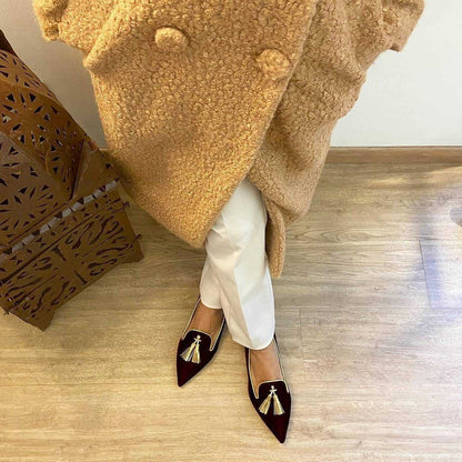 Women's Suede Pointed Toe Tassel Flats – Shallow Mouth Low Heel Casual Shoes FitiqueFit