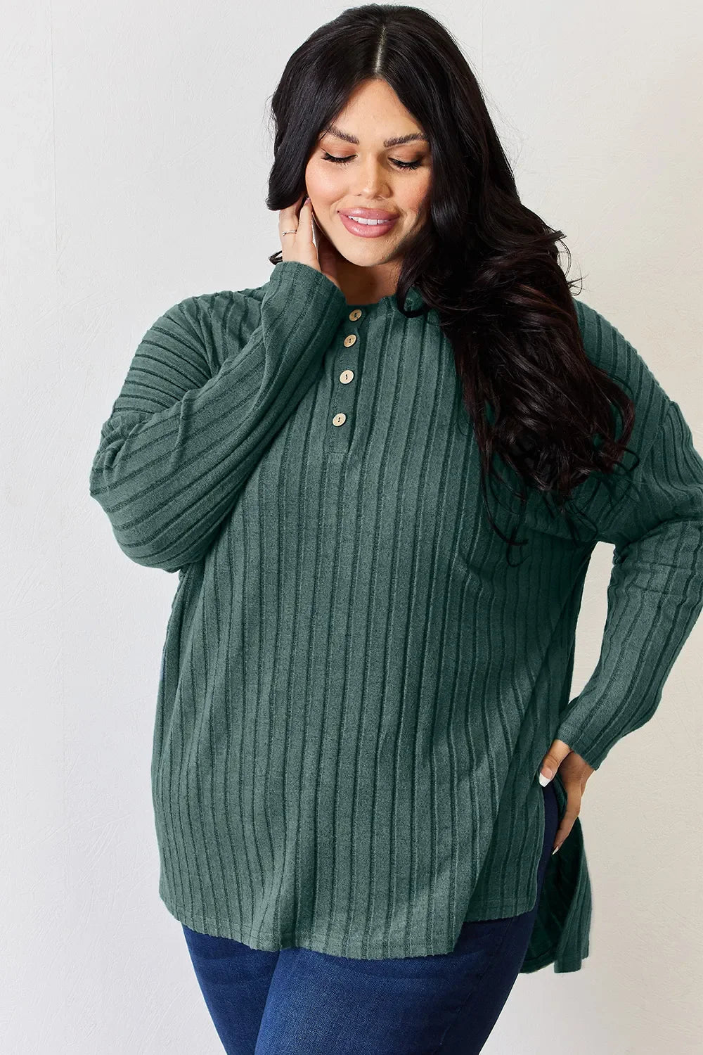 Basic Bae Full Size Ribbed Half Button Long Sleeve High-Low T-Shirt New Era Fashion LLc