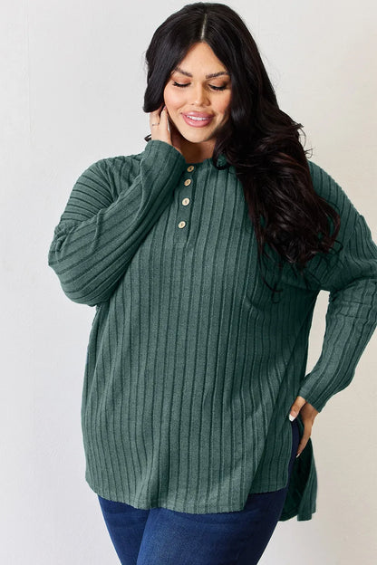 Basic Bae Full Size Ribbed Half Button Long Sleeve High-Low T-Shirt New Era Fashion LLc