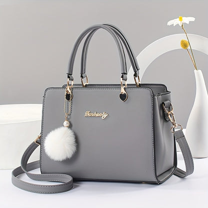 Solid Color Faux Leather Shoulder Bag - Detachable Strap, Zip Closure, Multi-Layer Crossbody Design, Polyester Lining, Fade-Resistant, Pom-Pom Pendant - The Perfect Holiday Gift for Valentine'S Day, Mother'S Day NovaCart