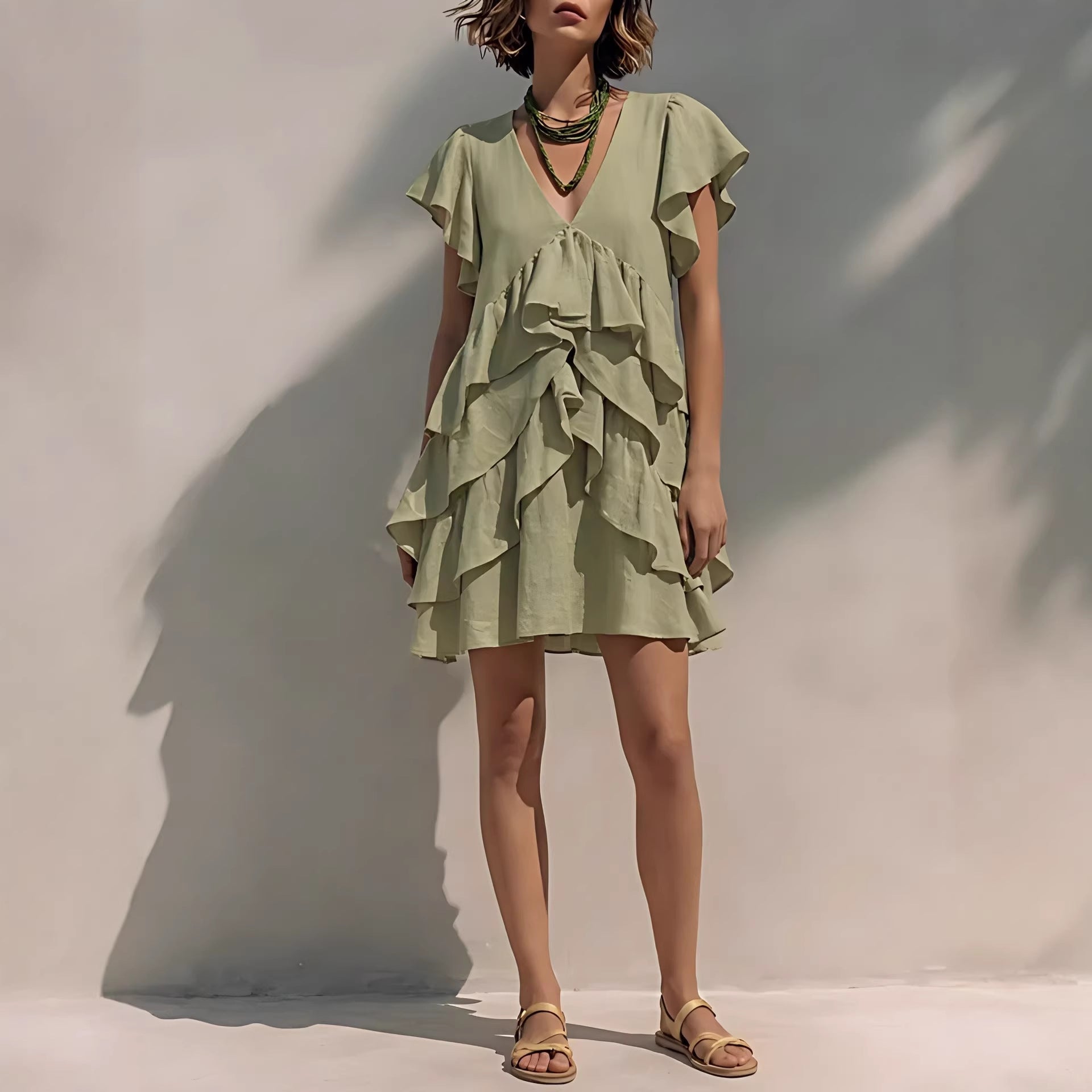 Women's V-Neck Ruffle Sleeve Casual Loose Dress FitiqueFit