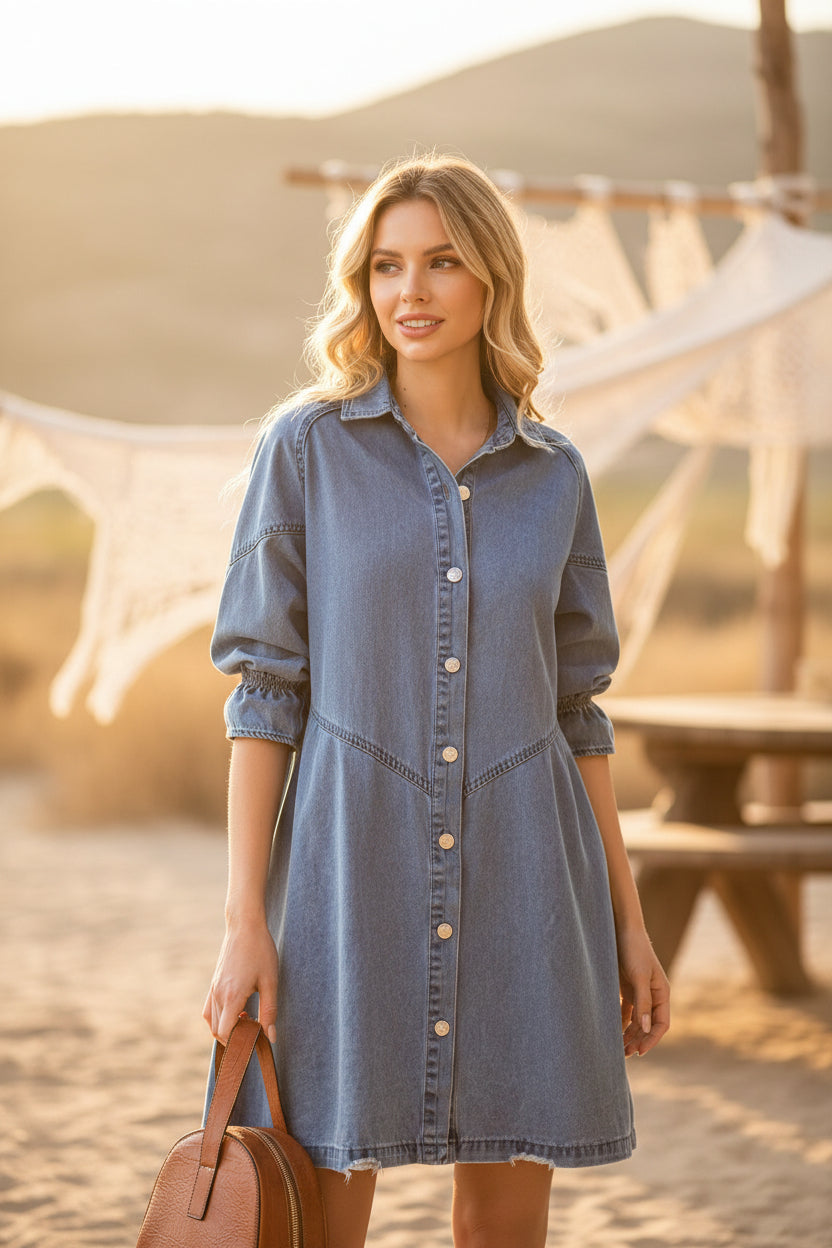 Women's Three-Quarter Sleeve Denim Dress – Ruffle Detail Mid-Length FitiqueFit