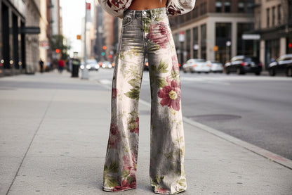 Women's Printed Flare Pants – Mid-Waist Full Length Plus Size FitiqueFit